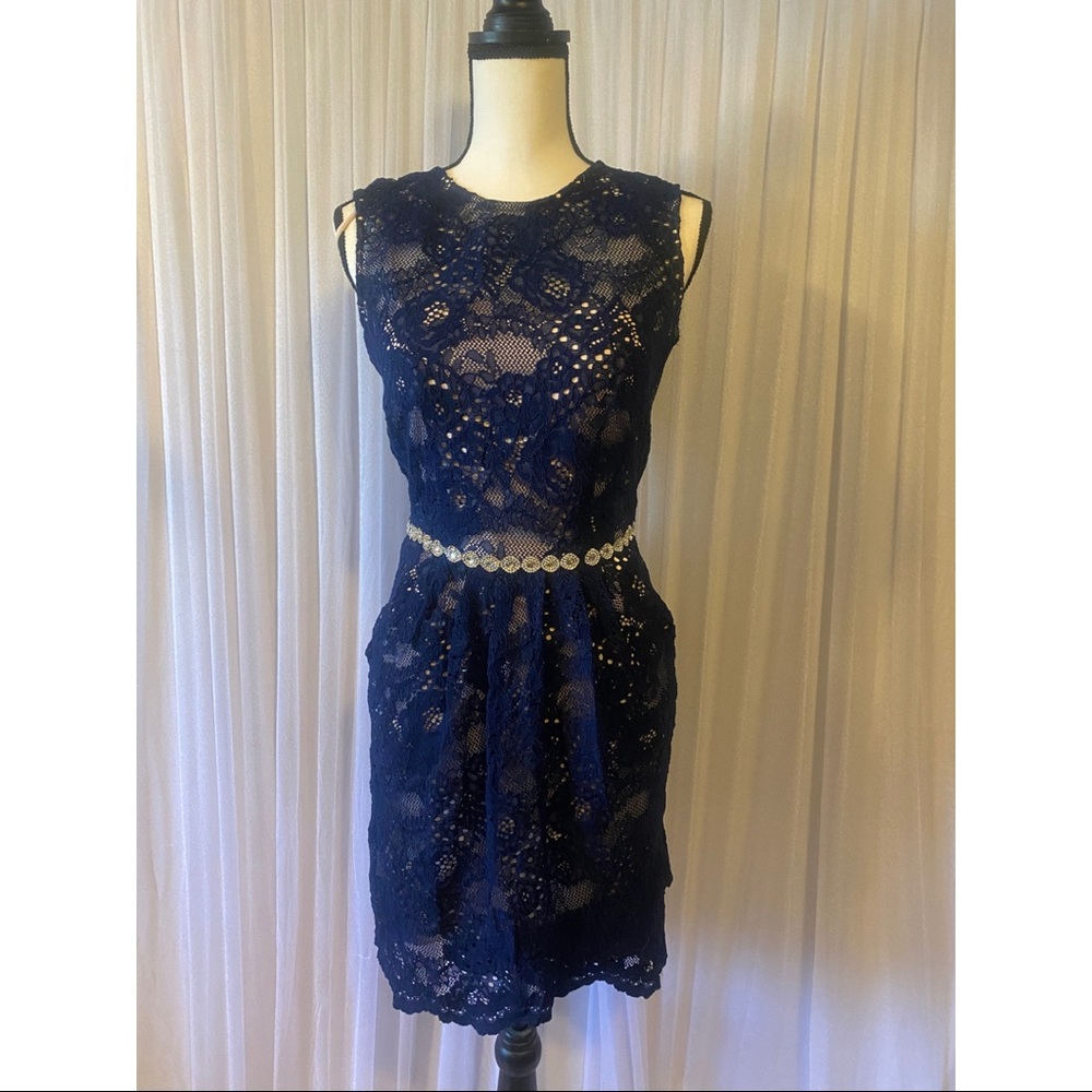 City Triangles Navy Blue Lace Dress Size 2 Pockets Cocktail Wedding